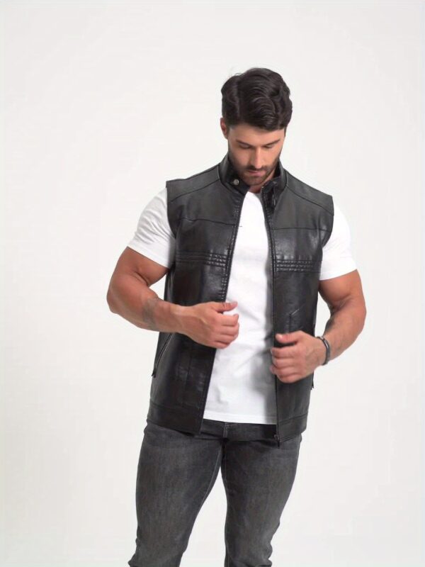 Men's PU Leather Motorcycle Vest - Slim Fit Sleeveless Jacket with Zippered Pockets, Stand Collar & Reinforced Straps, PU Leather & Polyester Blend for Biking, Casual, Daily Wear (Black) - Image 11