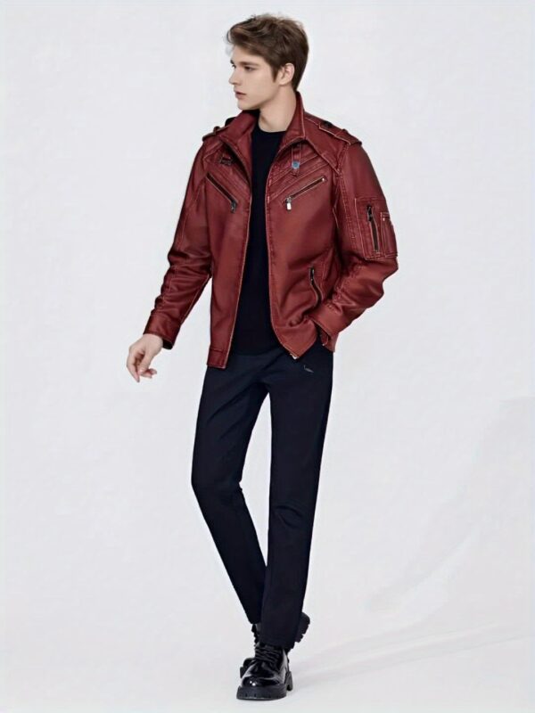 Men's Retro Red Biker Jacket - Stand Collar, Multi-Zip Pockets, Soft Shell Streetwear for Spring & Fall - Image 11