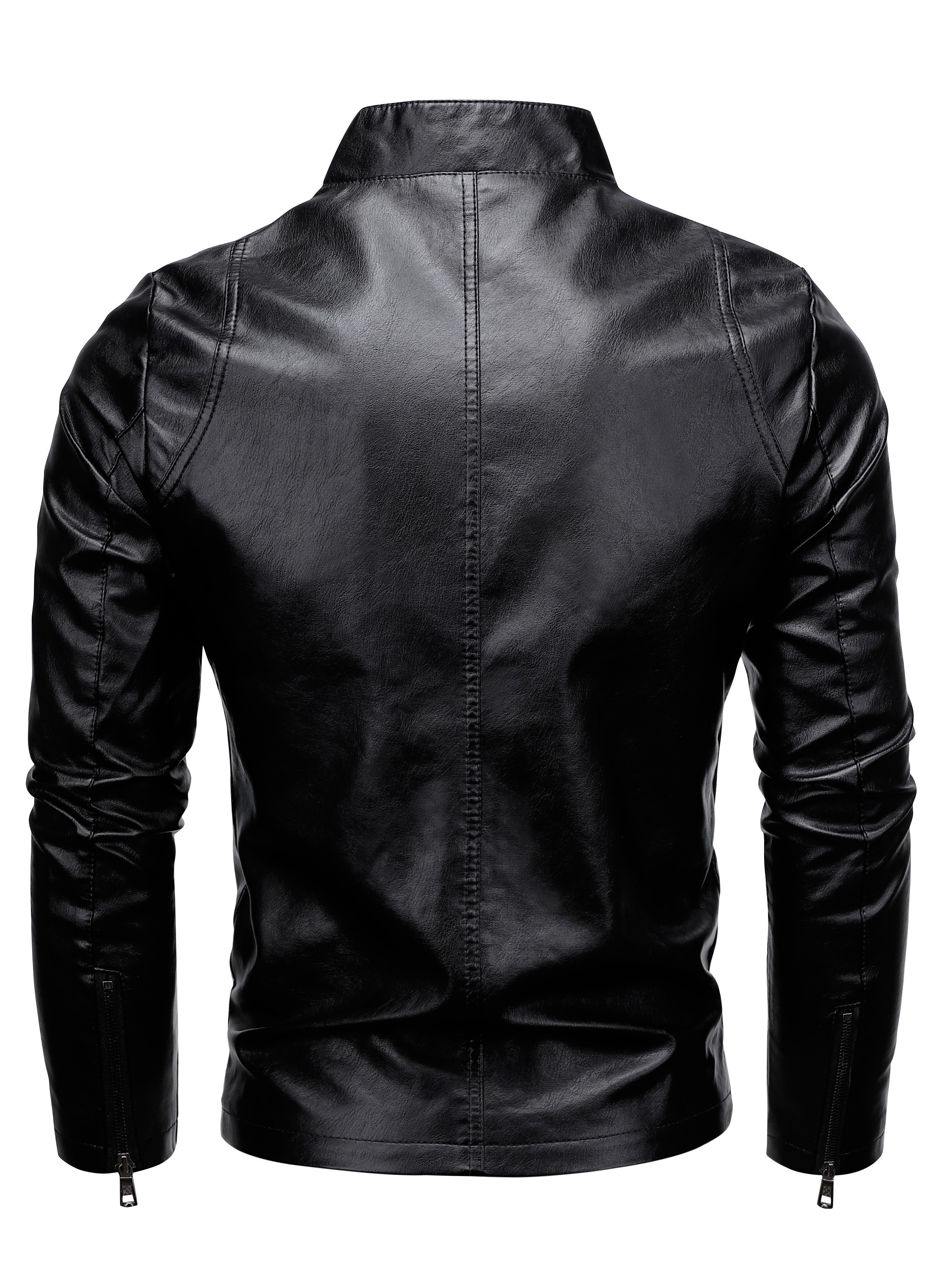 Men's Solid PU Leather Zip Up Stand Collar Motorcycle Jacket For Outdoor Wear, Spring And Fall