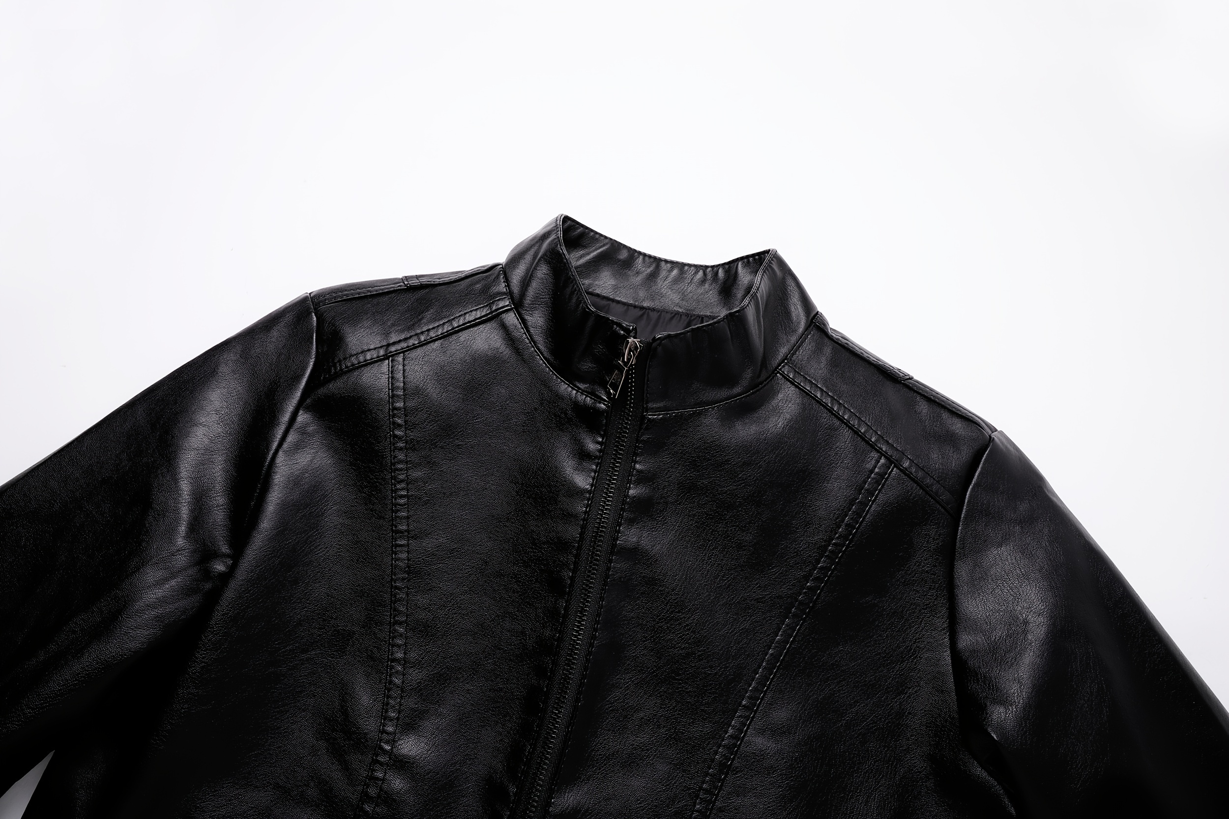 Men's Solid PU Leather Zip Up Stand Collar Motorcycle Jacket For Outdoor Wear, Spring And Fall