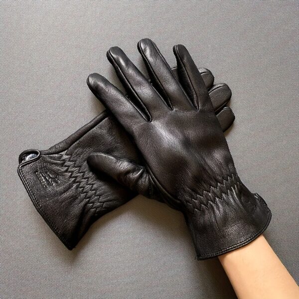 Warm Lined Winter Mens Black Genuine Leather Gloves - Goatskin with deer texture deerskin - Simple basic design business fashion cool outside Driving Leather Gloves For Men - Image 4