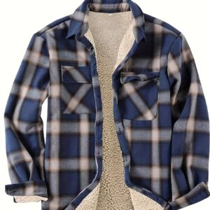 [Plaid Fleece Jacket] Winter Plaid Fleece Jacket, Men's Casual - Polyester 100%, Stand Collar, Button Closure, Medium Stretch, Woven Fabric, Regular Fit, with Padded Lining, Windproof Fabric, PLUS SIZE