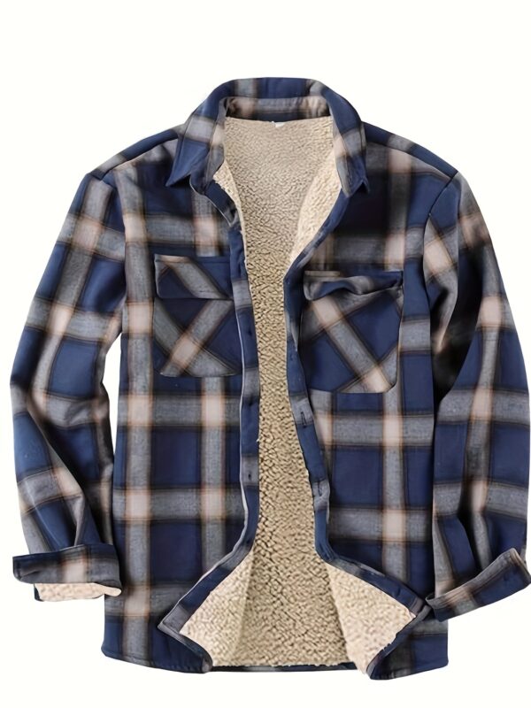 [Plaid Fleece Jacket] Winter Plaid Fleece Jacket, Men's Casual - Polyester 100%, Stand Collar, Button Closure, Medium Stretch, Woven Fabric, Regular Fit, with Padded Lining, Windproof Fabric, PLUS SIZE