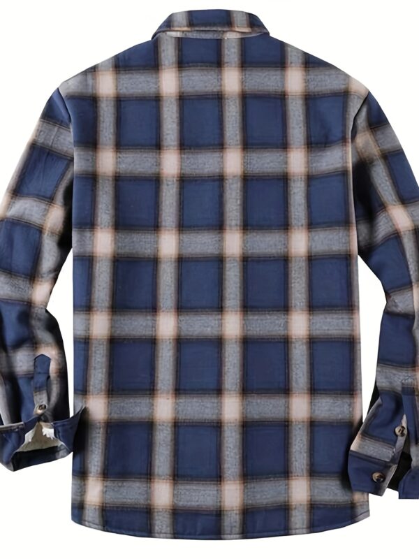 [Plaid Fleece Jacket] Winter Plaid Fleece Jacket, Men's Casual - Polyester 100%, Stand Collar, Button Closure, Medium Stretch, Woven Fabric, Regular Fit, with Padded Lining, Windproof Fabric, PLUS SIZE - Image 2
