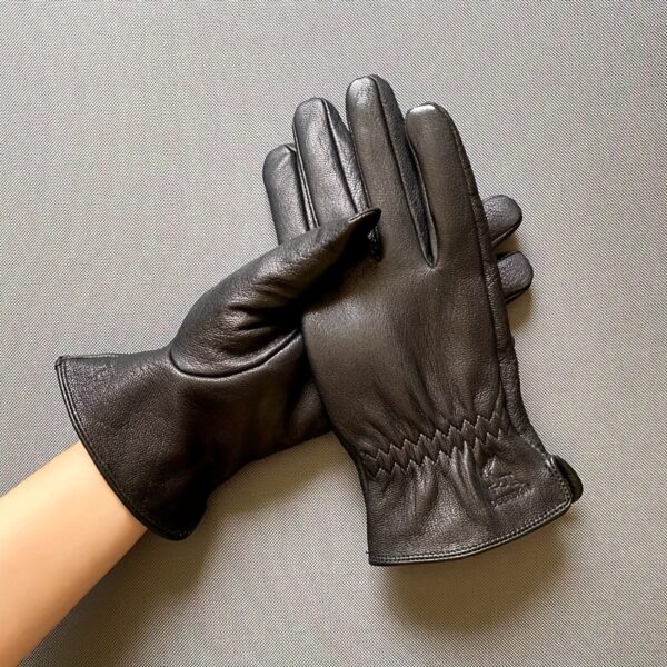 Warm Lined Winter Mens Black Genuine Leather Gloves - Goatskin with deer texture deerskin - Simple basic design business fashion cool outside Driving Leather Gloves For Men - Image 2