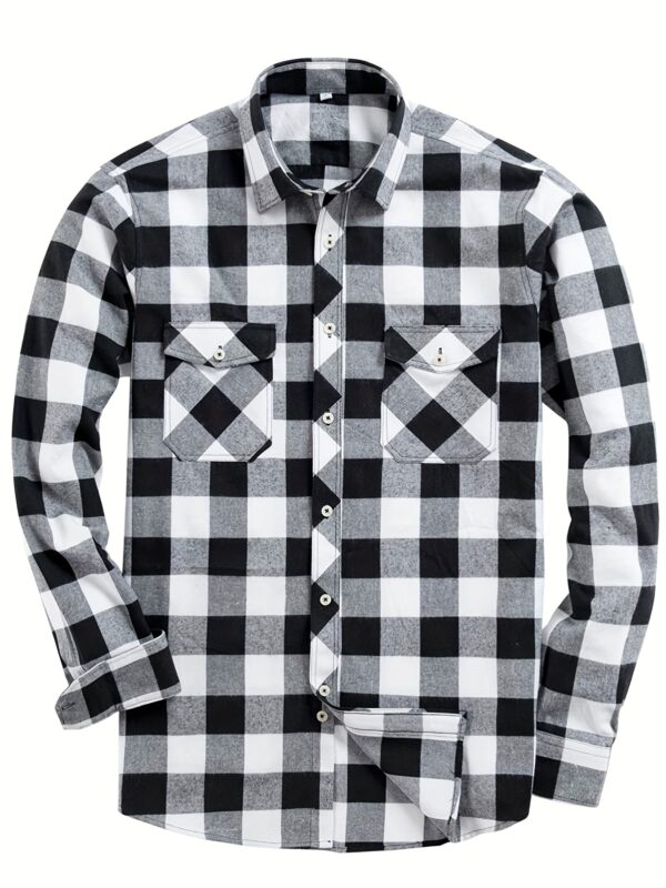 Blue and Black Check Pattern Men's Casual Sporty Plaid Flannel Shirt - Long Sleeve, Button-Up with Chest Pocket, Non-Stretch Fabric - Image 3