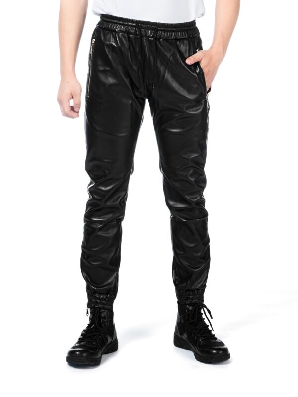 Men's Faux Leather Motorcycle Jogger Pants with Elastic Waist, Slim Fit Biker Trousers for Spring/Autumn, Motorcycle Riding Gear - Image 3