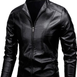 Men's Solid PU Leather Zip Up Stand Collar Motorcycle Jacket For Outdoor Wear, Spring And Fall