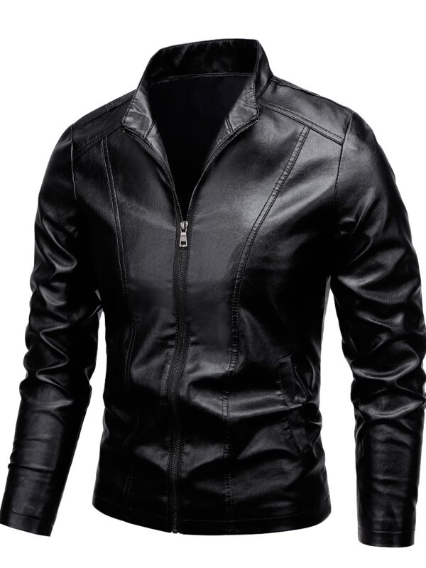 Men's Solid PU Leather Zip Up Stand Collar Motorcycle Jacket For Outdoor Wear, Spring And Fall