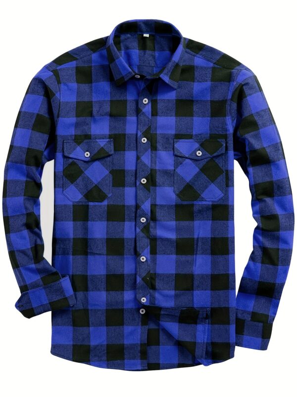 Blue and Black Check Pattern Men's Casual Sporty Plaid Flannel Shirt - Long Sleeve, Button-Up with Chest Pocket, Non-Stretch Fabric