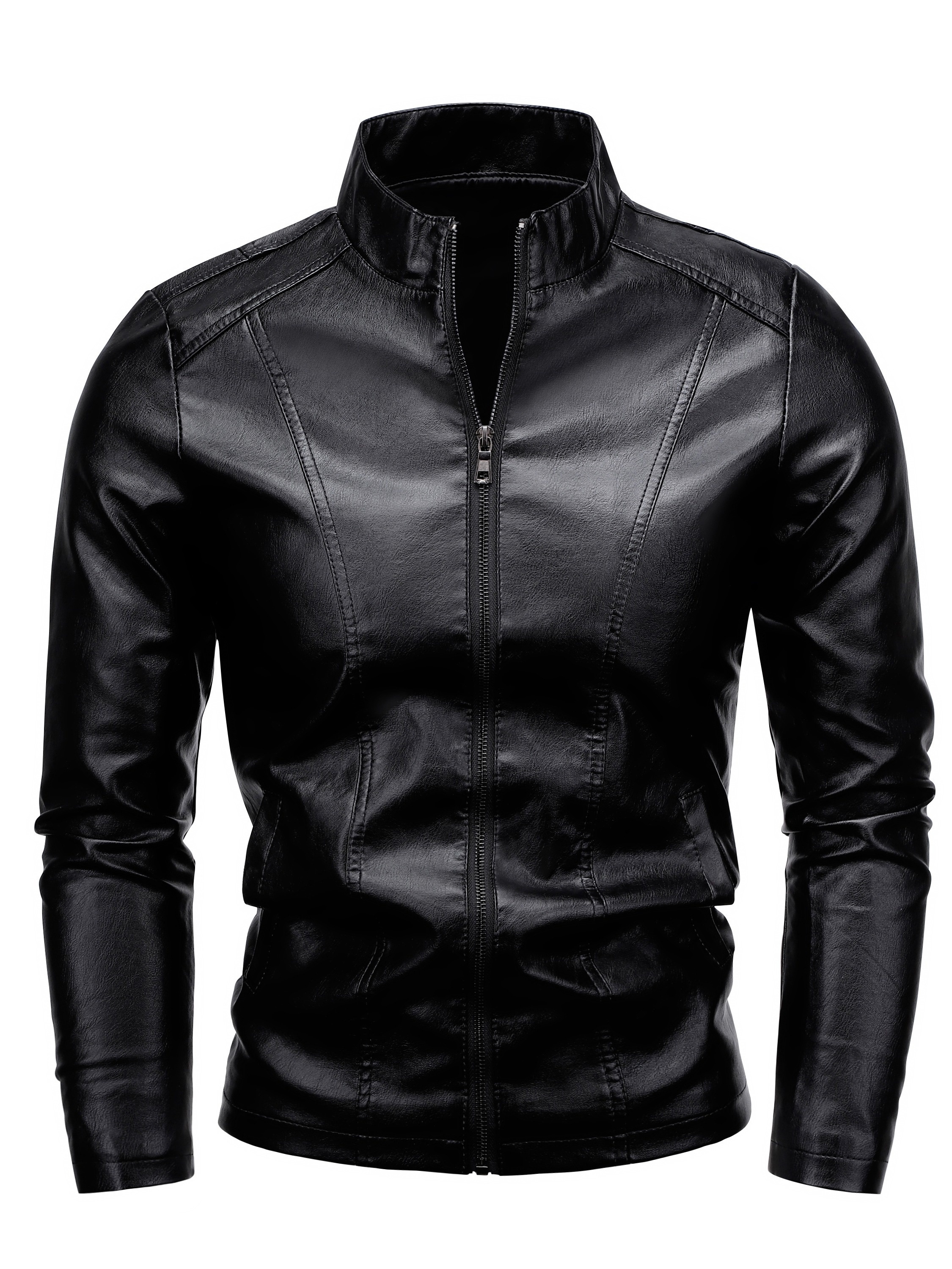 Men's Solid PU Leather Zip Up Stand Collar Motorcycle Jacket For Outdoor Wear, Spring And Fall