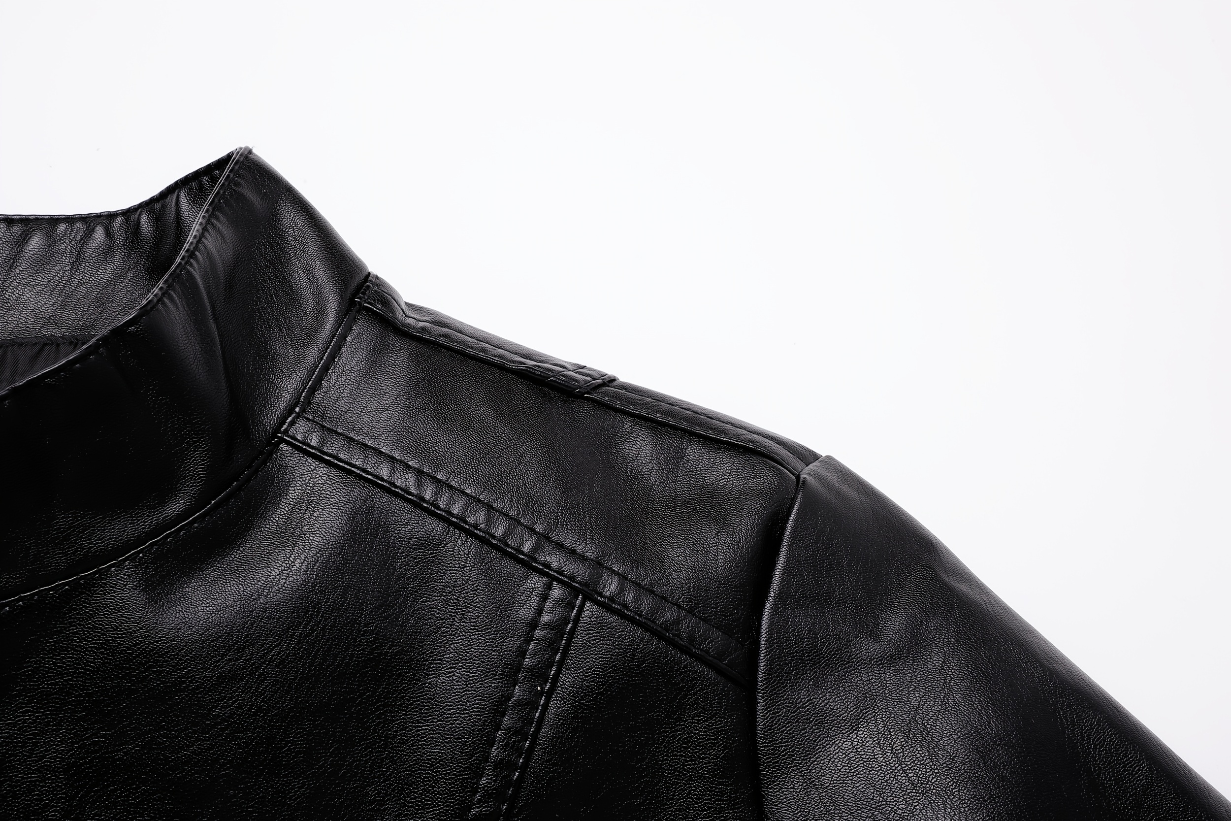 Men's Solid PU Leather Zip Up Stand Collar Motorcycle Jacket For Outdoor Wear, Spring And Fall
