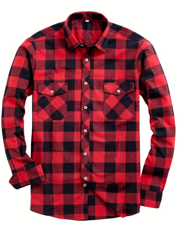 Blue and Black Check Pattern Men's Casual Sporty Plaid Flannel Shirt - Long Sleeve, Button-Up with Chest Pocket, Non-Stretch Fabric - Image 5