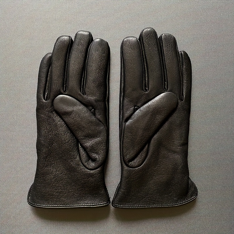 [Genuine Leather Gloves] Warm Lined Winter Mens Black Genuine Leather Gloves - Goatskin with deer texture deerskin - Simple basic design business fashion cool outside Driving Leather Gloves For Men
