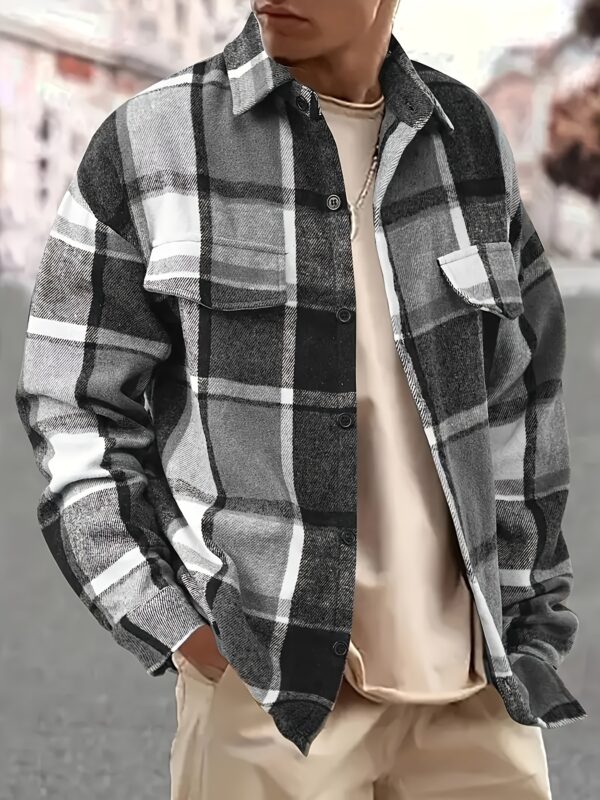 Men's Stylish Plaid Flannel Shirt - Long Sleeve, Button-Up Collar with Chest Pockets, Dark Green & Blue-Gray Checkered Pattern, Casual Outdoor Fall/Winter Wear, Casual Outdoor Shirt | Sporty Style Shirt | Polyester Flannel - Image 3