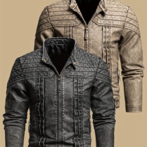 1pc Vintage Style Men'S Faux Leather Jacket - Classic Business Casual Motorcycle Biker Coat, High-Quality Fashion Outerwear with Washed Distressed Finish, Stand Collar, Long Sleeves, Zipper Closure, Non-Stretch Woven Fabric, Solid Color, Polyester Lining - Ideal for Daily & Casual Wear
