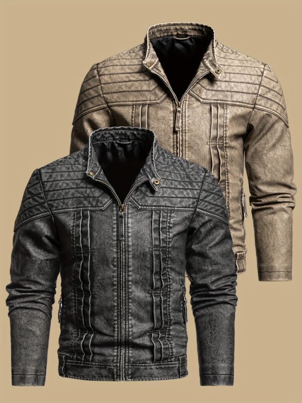 1pc Vintage Style Men'S Faux Leather Jacket - Classic Business Casual Motorcycle Biker Coat, High-Quality Fashion Outerwear with Washed Distressed Finish, Stand Collar, Long Sleeves, Zipper Closure, Non-Stretch Woven Fabric, Solid Color, Polyester Lining - Ideal for Daily & Casual Wear