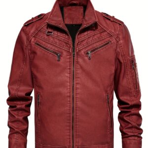 Men's Retro Red Biker Jacket - Stand Collar, Multi-Zip Pockets, Soft Shell Streetwear for Spring & Fall