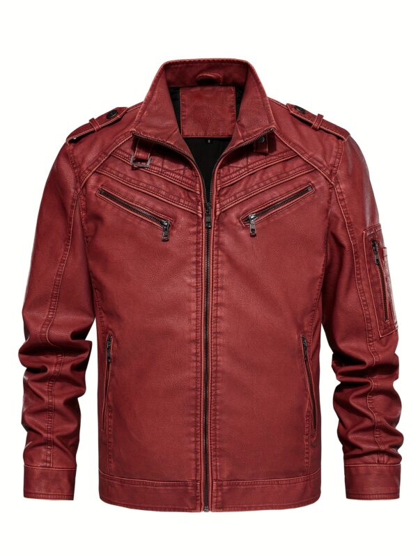 Men's Retro Red Biker Jacket - Stand Collar, Multi-Zip Pockets, Soft Shell Streetwear for Spring & Fall