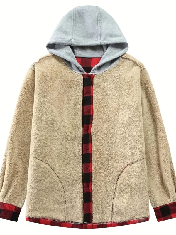 Men's Vintage Plaid Fleece-Lined Hooded Jacket - Warm Sherpa-Lined Button- Shirt with Pockets for Fall & Winter, Beige & Black Retro Style, Long Sleeve, Cotton Blend, Umbrella-Shaped Hem, Fleece Jacket - Image 10