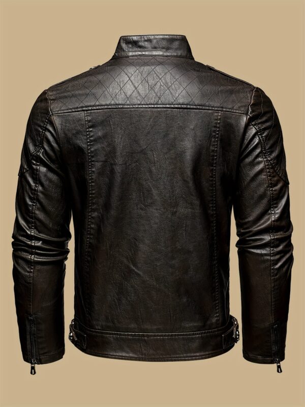 Men's Solid Color Stylish PU Leather Jacket, Chest Pocket Design Street Style Retro Classic Warm Motor Jacket As Gift - Image 6