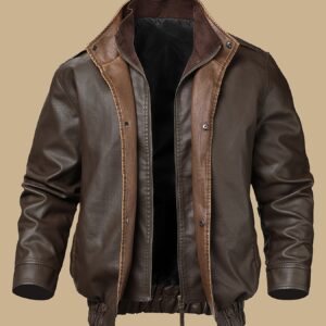 Windproof Brown Men's Vintage Biker Jacket - Detachable Inner Zipper, Dual Front Pocket, Adjustable Elastic Hem, Regular Fit, Long Sleeve, Stand Collar, Snap Closure, Casual Style, Polyester Lined, PU