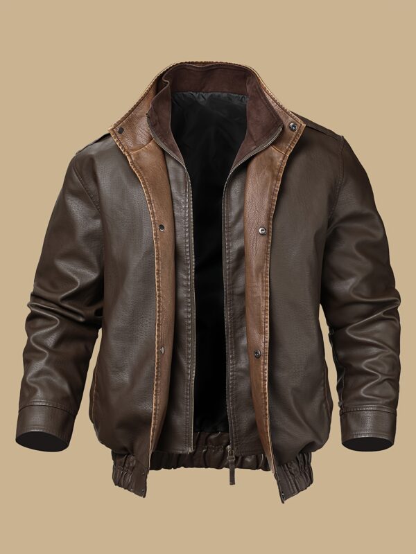Windproof Brown Men's Vintage Biker Jacket - Detachable Inner Zipper, Dual Front Pocket, Adjustable Elastic Hem, Regular Fit, Long Sleeve, Stand Collar, Snap Closure, Casual Style, Polyester Lined, PU