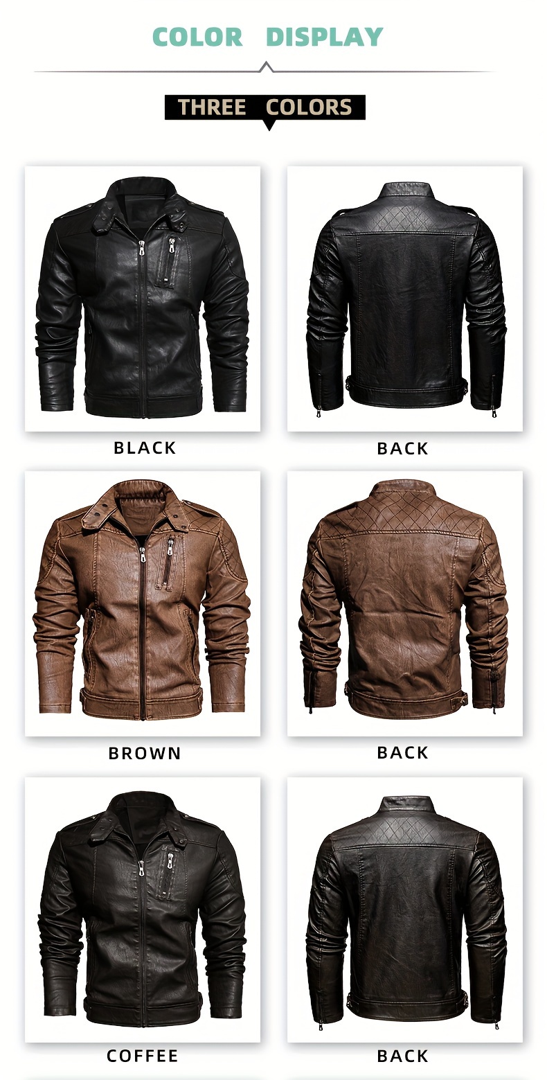 Men's Solid Color Stylish PU Leather Jacket, Chest Pocket Design Street Style Retro Classic Warm Motor Jacket As Gift