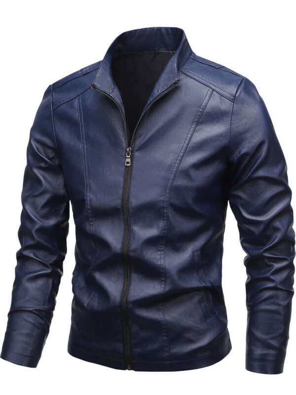 Men's Solid PU Leather Zip Up Stand Collar Motorcycle Jacket For Outdoor Wear, Spring And Fall - Image 3