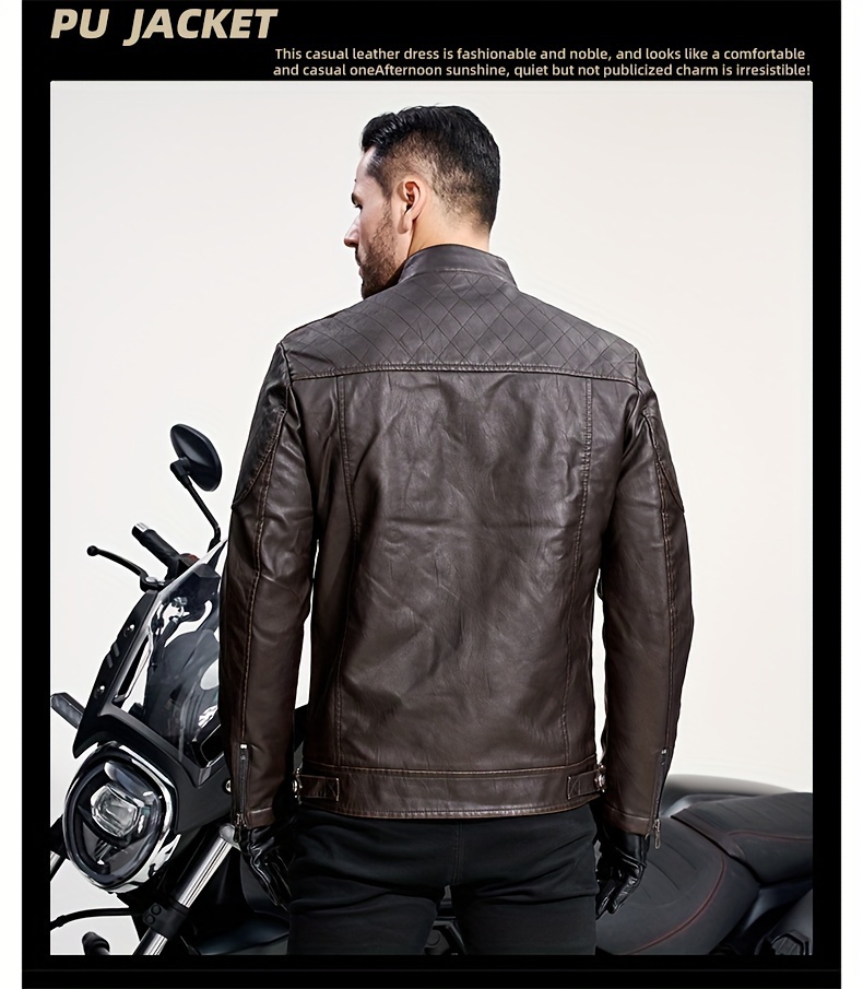 Men's Solid Color Stylish PU Leather Jacket, Chest Pocket Design Street Style Retro Classic Warm Motor Jacket As Gift