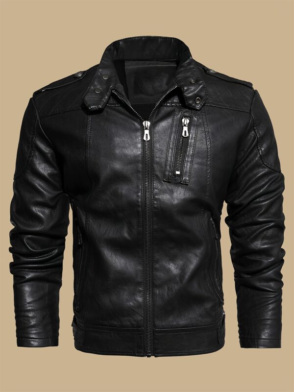 Men's Solid Color Stylish PU Leather Jacket, Chest Pocket Design Street Style Retro Classic Warm Motor Jacket As Gift - Image 2