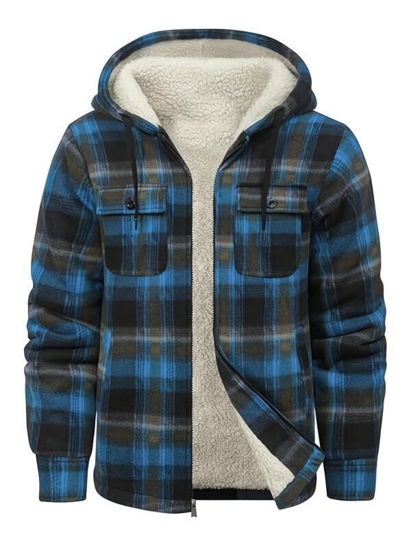 [Plaid Sherpa Hooded Jacket] Warm Plaid Hooded Jacket - Men's Durable Fleece-Lined Sherpa Coat with Full Zipper - Casual Winter Apparel with Chest Pockets and Drawstring Hood - Image 6