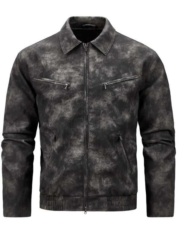 Men's Vintage-Inspired PU Leather Jacket - Black Distressed Design with Zippered Pockets, Casual Long Sleeve Outerwear for Spring and Fall