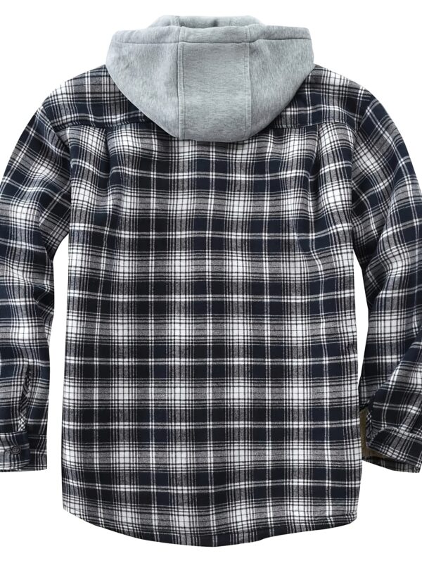 Men's Vintage Plaid Fleece-Lined Hooded Jacket - Warm Sherpa-Lined Button- Shirt with Pockets for Fall & Winter, Beige & Black Retro Style, Long Sleeve, Cotton Blend, Umbrella-Shaped Hem, Fleece Jacket - Image 8