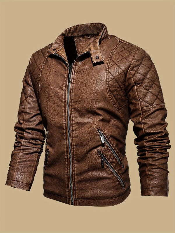 Windproof Shield] Men's Retro PU Leather Motorcycle Jacket - Windproof, Warm Fleece Lined, Adjustable Cuffs, Multiple Zippers & Pockets, Stand Collar, Black, Vintage Style for Fall/Winter Riding & Casual Wear, Motorcycle Protective Gear - Image 8