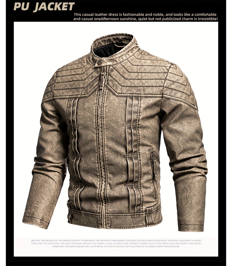 1pc Vintage Style Men'S Faux Leather Jacket - Classic Business Casual Motorcycle Biker Coat, High-Quality Fashion Outerwear with Washed Distressed Finish, Stand Collar, Long Sleeves, Zipper Closure, Non-Stretch Woven Fabric, Solid Color, Polyester Lining - Ideal for Daily & Casual Wear