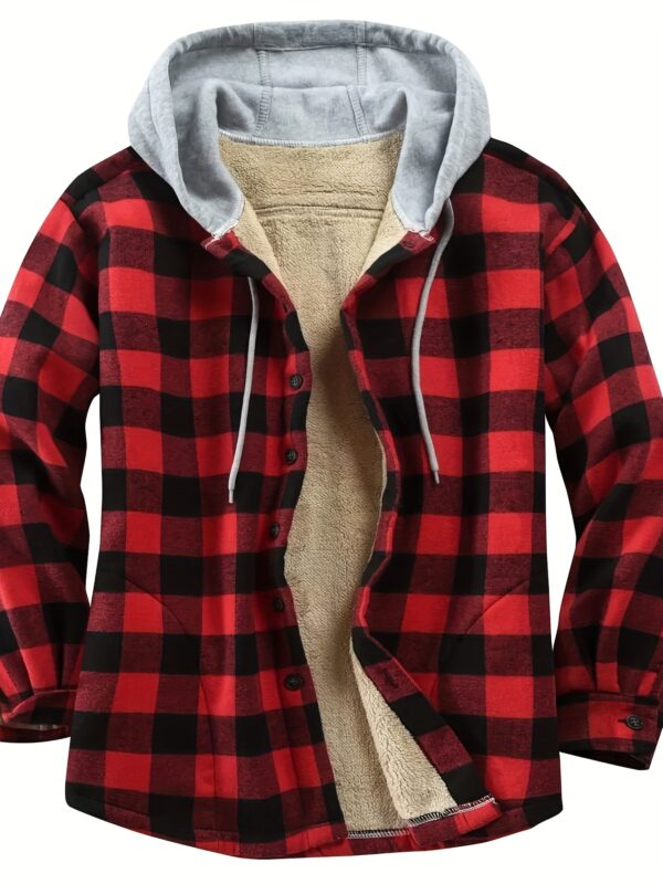 Men's Vintage Plaid Fleece-Lined Hooded Jacket - Warm Sherpa-Lined Button- Shirt with Pockets for Fall & Winter, Beige & Black Retro Style, Long Sleeve, Cotton Blend, Umbrella-Shaped Hem, Fleece Jacket - Image 3