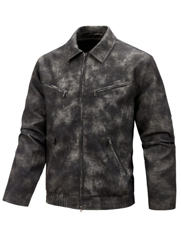 Men's Vintage-Inspired PU Leather Jacket - Black Distressed Design with Zippered Pockets, Casual Long Sleeve Outerwear for Spring and Fall - Image 3