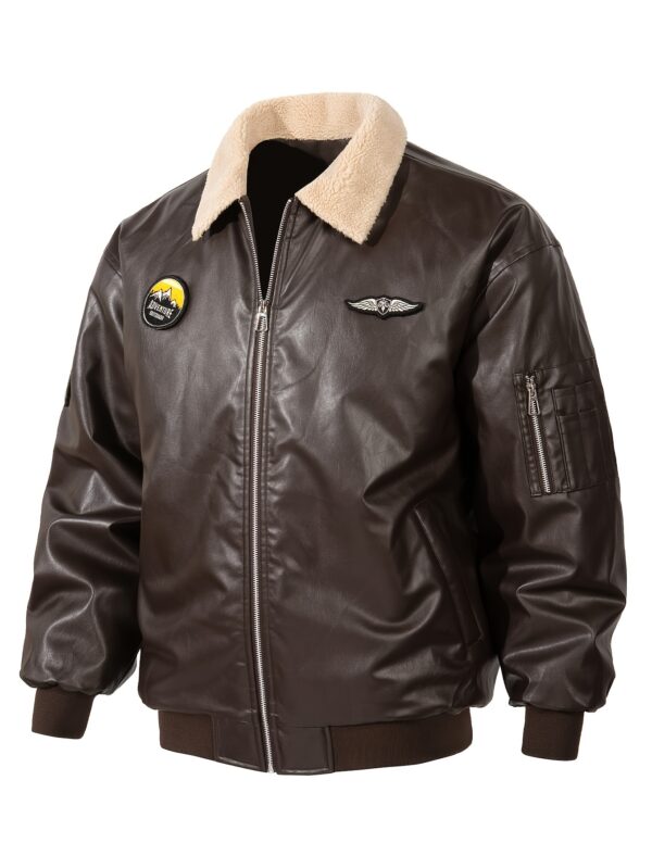 Men's Solid Color PU Leather Bomber Jacket, Casual Comfortable Fleece-Lined Lapel Long Sleeve Outerwear with Zipper Closure, Polyester Lining, and Aviation-Inspired Design for Fall/Winter Outdoor Activities, Outdoor Casual Wear | Aviationinspired Jacket | Durable Outdoor Wear - Image 5