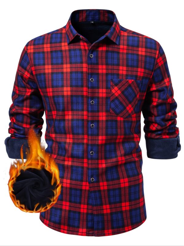 Long Sleeve Plaid Shirt - Velvet-Lined, Button-Up, Cozy - Men's Casual Fall/Winter Wear - Image 4