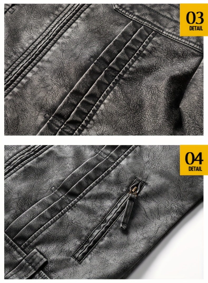 1pc Vintage Style Men'S Faux Leather Jacket - Classic Business Casual Motorcycle Biker Coat, High-Quality Fashion Outerwear with Washed Distressed Finish, Stand Collar, Long Sleeves, Zipper Closure, Non-Stretch Woven Fabric, Solid Color, Polyester Lining - Ideal for Daily & Casual Wear