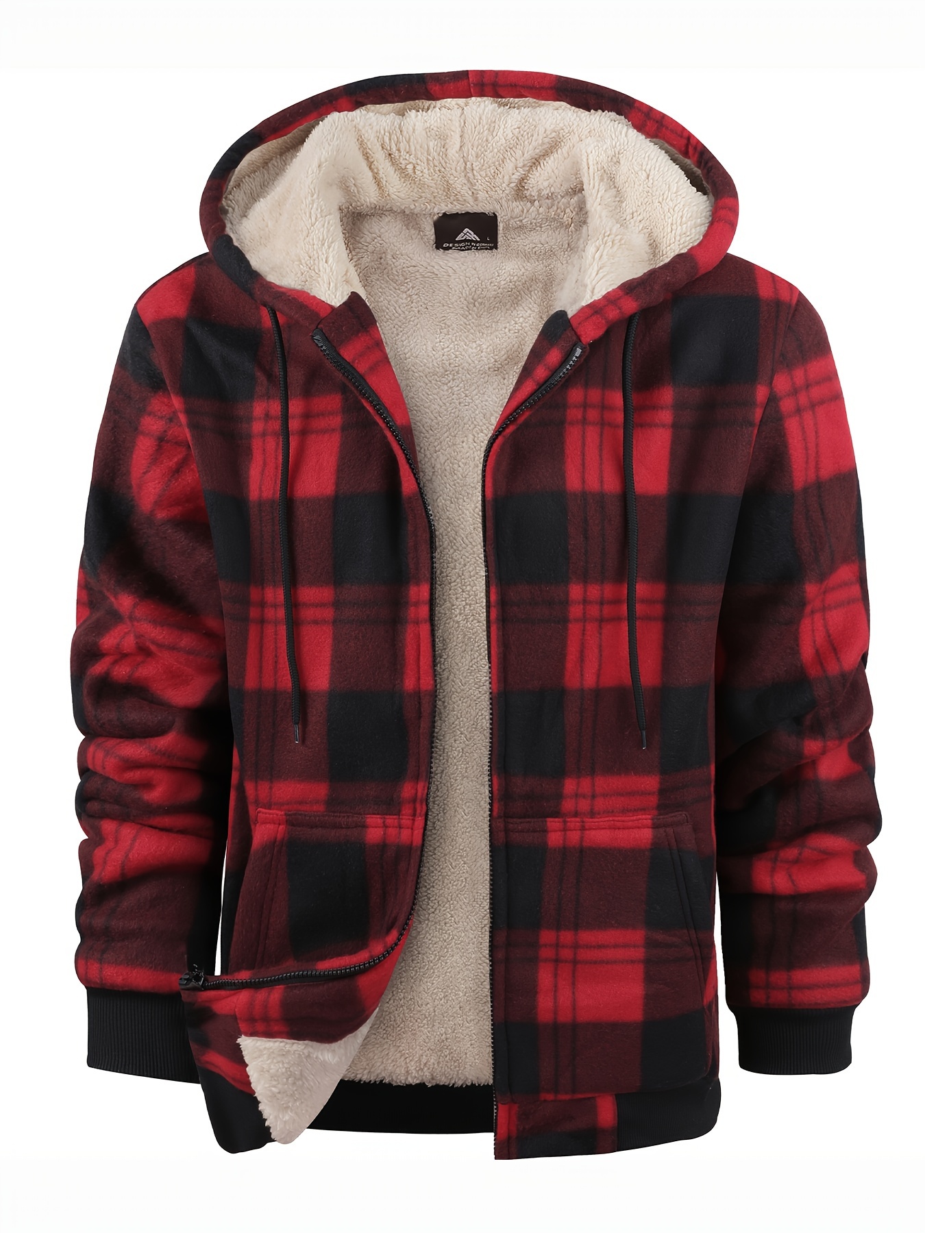 [Cozy Fleece Jacket] Cozy & Warm Men's Heavyweight Fleece Hooded Jacket - Full Zip Plaid Flannel Shirt with Sherpa Lining, Pockets, and Adjustable Drawstrings for Fall/Winter