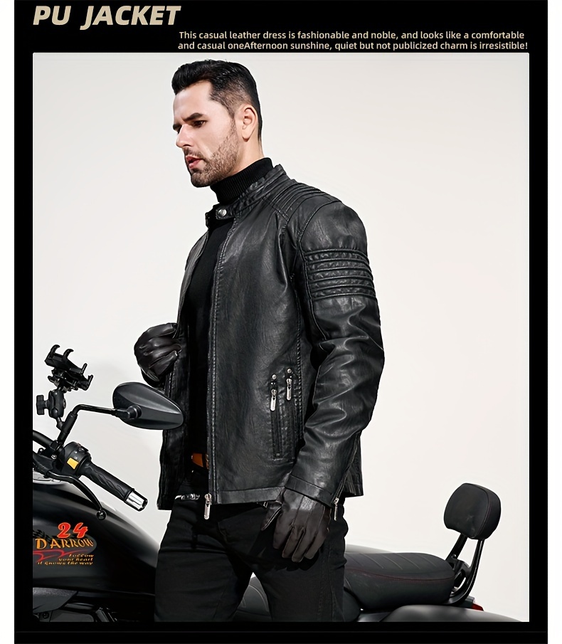 Men's Solid Color Retro PU Leather Jacket, Multi-pocket Street Stylish Classic Bomber Jacket