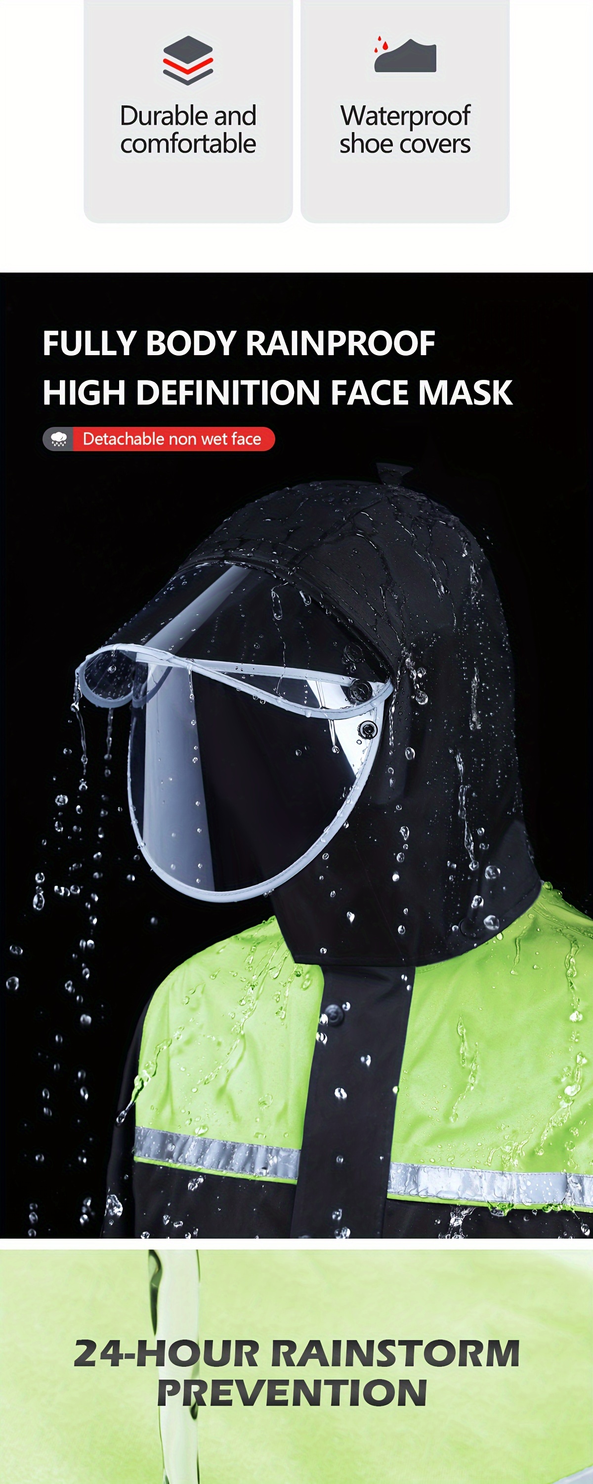 BM Men's Motorcycle Rain Gear Set, High-Visibility Fluorescent Green Jacket & Pants for Riding