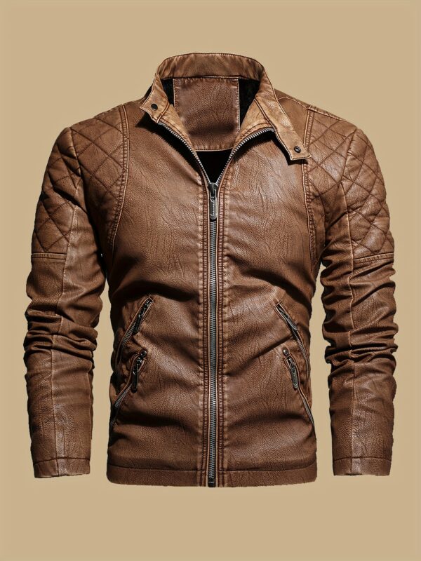 Windproof Shield] Men's Retro PU Leather Motorcycle Jacket - Windproof, Warm Fleece Lined, Adjustable Cuffs, Multiple Zippers & Pockets, Stand Collar, Black, Vintage Style for Fall/Winter Riding & Casual Wear, Motorcycle Protective Gear - Image 3
