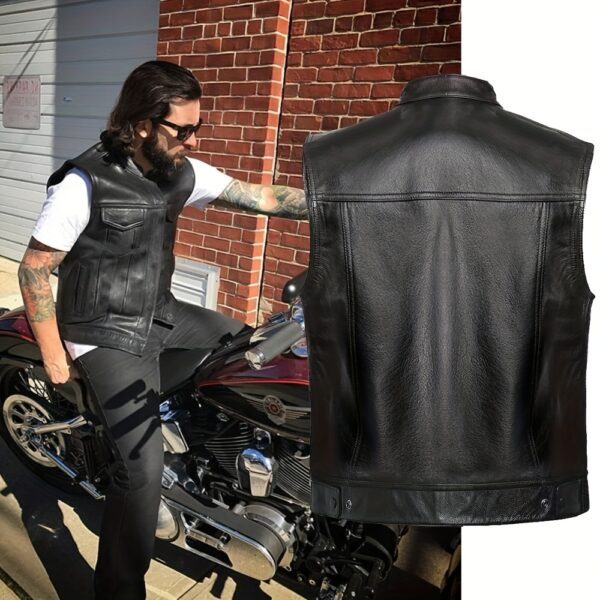 Casual Button-Up Vests Made of Faux Leather for Both Men And Women, Featuring a Lapel And a Short Design Suitable for Any Season. This Motorcycle Jacket Allows for The Addition of Personalized Embroidered Patches, Making It a Great Gift for Holidays Or Anniversaries. - Image 2