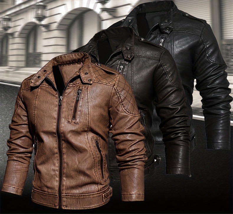 Men's Solid Color Stylish PU Leather Jacket, Chest Pocket Design Street Style Retro Classic Warm Motor Jacket As Gift