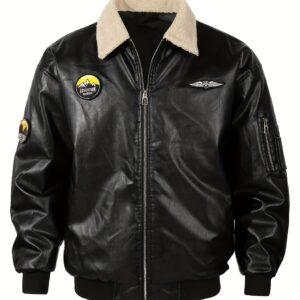 Men's Solid Color PU Leather Bomber Jacket, Casual Comfortable Fleece-Lined Lapel Long Sleeve Outerwear with Zipper Closure, Polyester Lining, and Aviation-Inspired Design for Fall/Winter Outdoor Activities, Outdoor Casual Wear | Aviationinspired Jacket | Durable Outdoor Wear