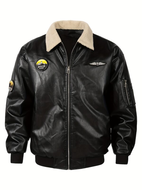 Men's Solid Color PU Leather Bomber Jacket, Casual Comfortable Fleece-Lined Lapel Long Sleeve Outerwear with Zipper Closure, Polyester Lining, and Aviation-Inspired Design for Fall/Winter Outdoor Activities, Outdoor Casual Wear | Aviationinspired Jacket | Durable Outdoor Wear
