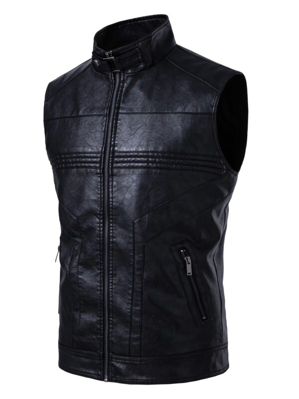 Men's PU Leather Motorcycle Vest - Slim Fit Sleeveless Jacket with Zippered Pockets, Stand Collar & Reinforced Straps, PU Leather & Polyester Blend for Biking, Casual, Daily Wear (Black) - Image 2